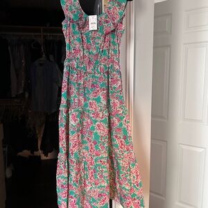 Floral Sleeveless Dress in Green and Pink